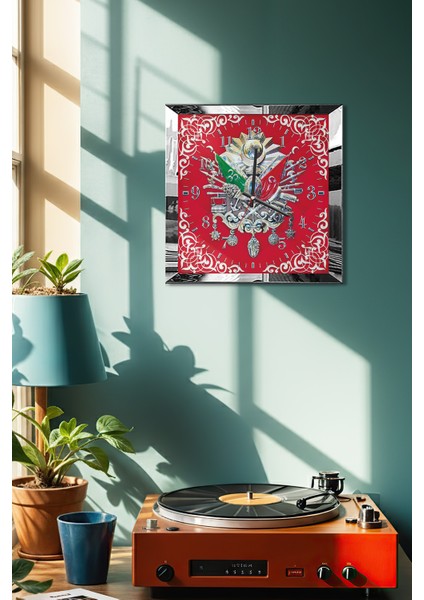 Gümüş Çerçeveli Kırmızı Osmanlı Tuğrası Temalı Dekoratif Mdf Duvar Saati fırsatları