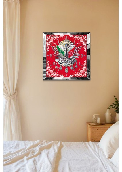 Gümüş Çerçeveli Kırmızı Osmanlı Tuğrası Temalı Dekoratif Mdf Duvar Saati indirimleri