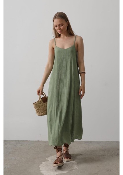 Askılı Uzun Çan Elbise - Haki modelleri