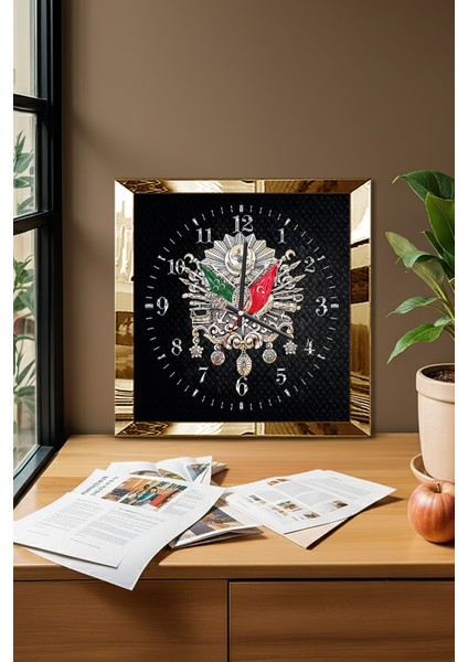 Gold Çerçeveli Siyah Osmanlı Tuğrası Temalı Dekoratif Mdf Duvar Saati