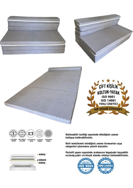 Çift Kişilik Katlanır Koltuk Katlanır Yatak Kanepe Yer Yatağı Çift Kişilik GRİ-120X195X8 cm