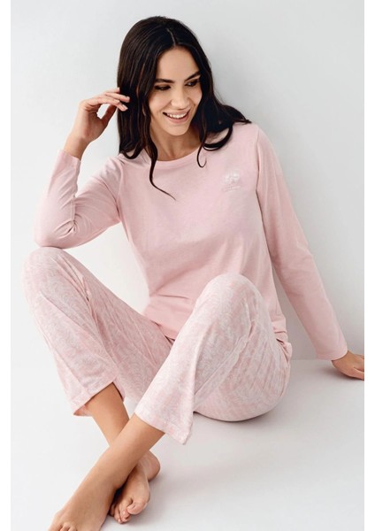 9085 Kadın Bisiklet Yaka Uzun Kollu Pijama Takımı-Pembe