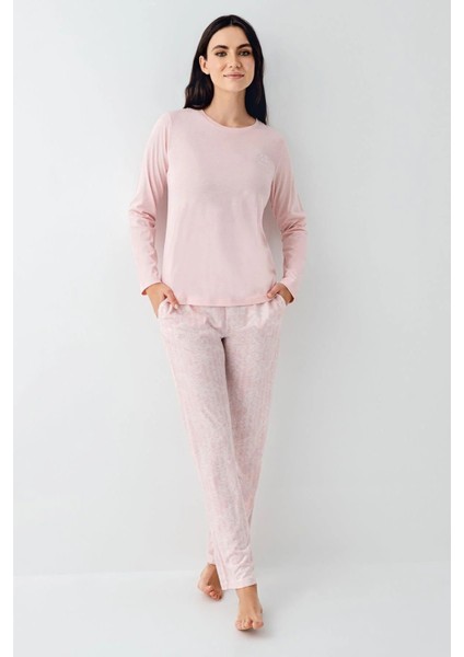 9085 Kadın Bisiklet Yaka Uzun Kollu Pijama Takımı-Pembe fiyatları