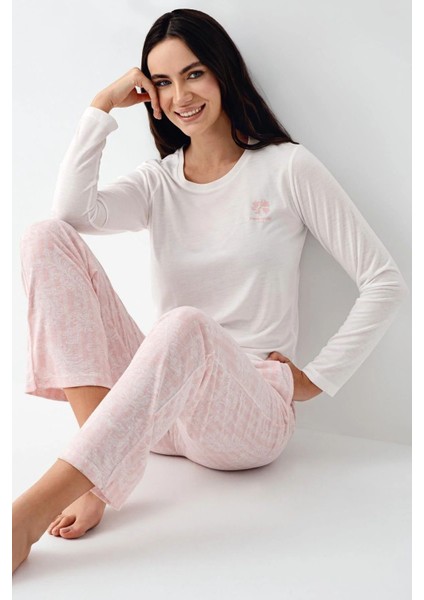 9085 Kadın Bisiklet Yaka Uzun Kollu Pijama Takımı-Beyaz