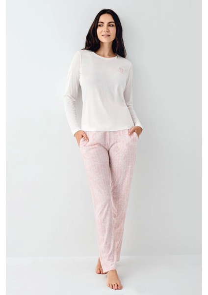 9085 Kadın Bisiklet Yaka Uzun Kollu Pijama Takımı-Beyaz fiyatları