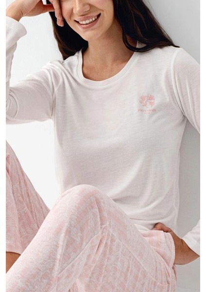 9085 Kadın Bisiklet Yaka Uzun Kollu Pijama Takımı-Beyaz modelleri
