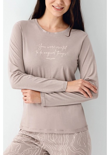 9096 Kadın Uzun Kollu Bisiklet Yaka Pijama Takımı-Vizon modelleri