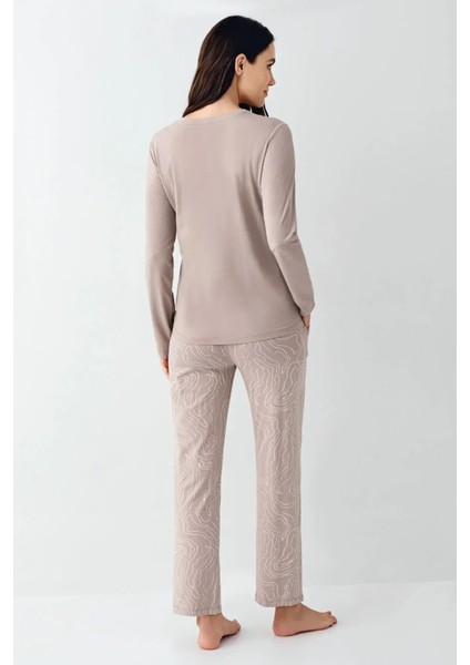 9096 Kadın Uzun Kollu Bisiklet Yaka Pijama Takımı-Vizon fırsatları