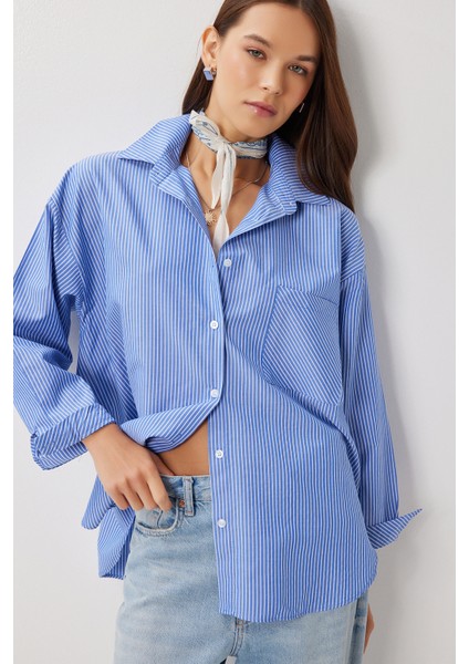 Çizgili Oversize Dokuma Gömlek LDZ0050 Mavi