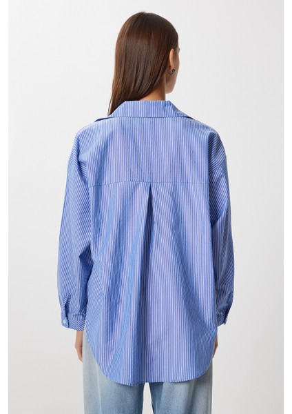 Çizgili Oversize Dokuma Gömlek LDZ0050 Mavi fırsatları