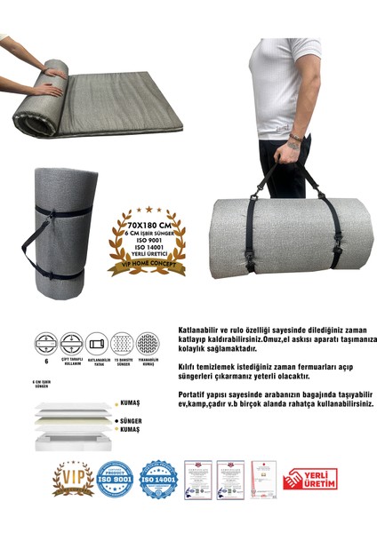 Kamp Yatağı Taşıma ve Omuz Askılı Kamp Matı Fermuarlı Kamp Minderi Çadır Matı 70X180X6CM-GRİ modelleri