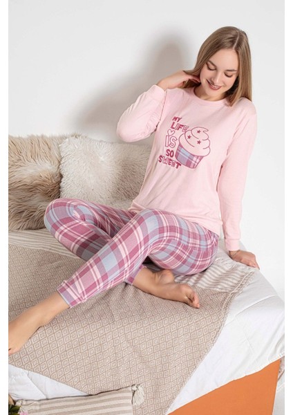 Kadın Bisiklet Yaka Düğmesiz Kışlık Termal Bilek Manşetli Jogger Uzun Kol Cepli Pijama Takımı