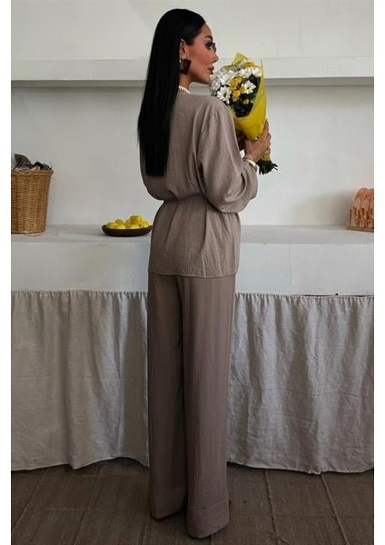 Kruvaze Model Klasik Pantolonlu Çupra Keten Takım 10191
