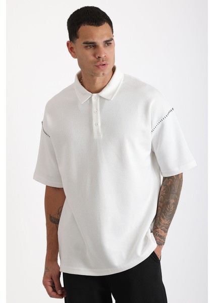 Omuz Çoban Dikiş Detaylı Double Pike Kumaş Loose Fit Erkek Polo Yaka Tişört
