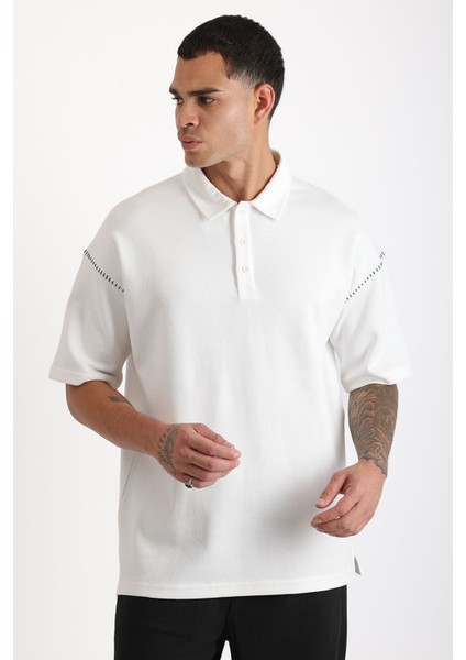 Omuz Çoban Dikiş Detaylı Double Pike Kumaş Loose Fit Erkek Polo Yaka Tişört