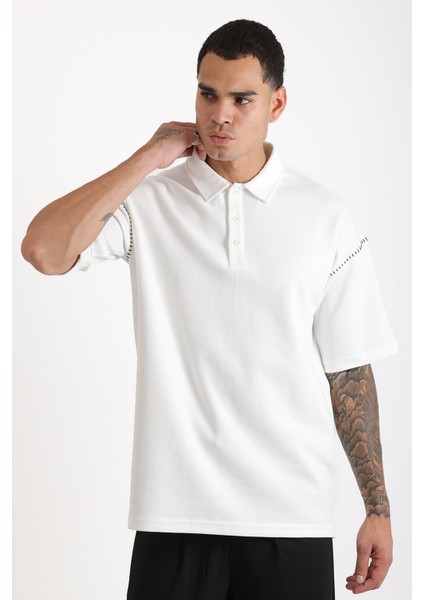 Omuz Çoban Dikiş Detaylı Double Pike Kumaş Loose Fit Erkek Polo Yaka Tişört