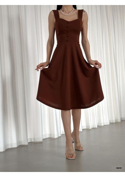 Askılı Kalp Yaka Midi Boy Krep Kumaş Abiye Elbise 582187 Kahvereng