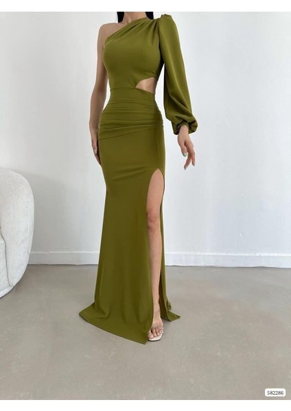 Tek Kol Derin Yırtmaçlı Krep Gece Elbisesi Abiye 582286 Fıstık Yeşil