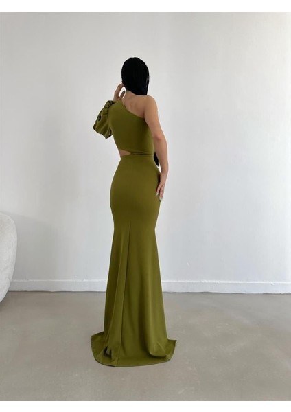 Tek Kol Derin Yırtmaçlı Krep Gece Elbisesi Abiye 582286 Fıstık Yeşil fırsatları