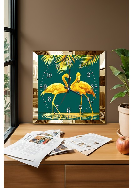Gold Çerçeveli Flamingo Temalı Dekoratif Mdf Duvar Saati