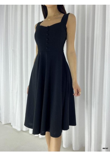 Askılı Kalp Yaka Midi Boy Krep Kumaş Abiye Elbise 582187 Siyah