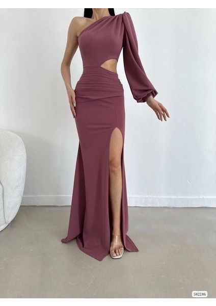 Tek Kol Derin Yırtmaçlı Krep Gece Elbisesi Abiye 582286 Gulkurusu