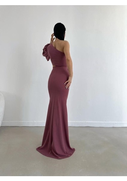 Tek Kol Derin Yırtmaçlı Krep Gece Elbisesi Abiye 582286 Gulkurusu modelleri