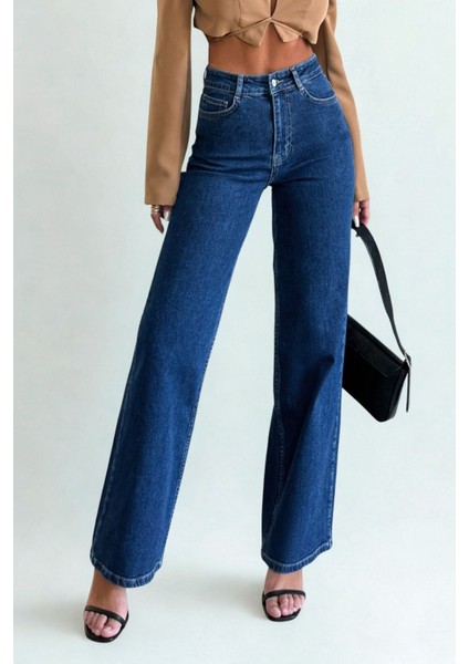 Yüksek Bel Palazzo Fit Kadın Kot Pantolon Mavi