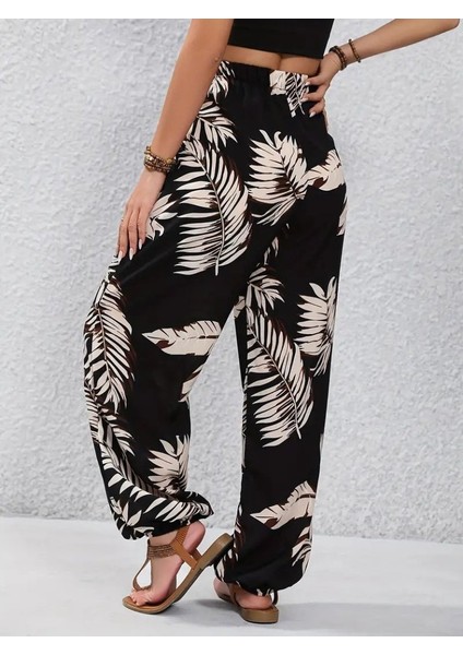 Kadın Yüksek Bel Bağcıklı Yaprak Desenli Süprem Pantolon fırsatları