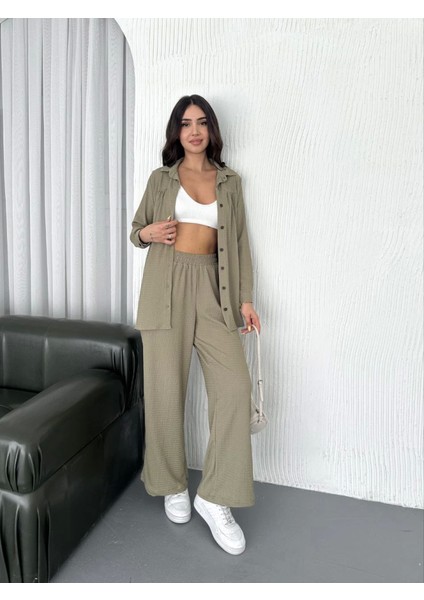 Yakalı Düğmeli Uzun Kollu Gömlek Pantolon Ikili Takım - Bej modelleri