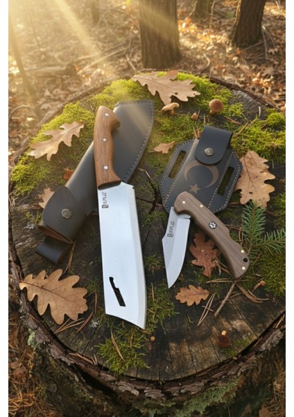 Isme Özel 2'li Outdoor Kamp Seti Bıçak Kamp Çakı Deri Kılıf Set