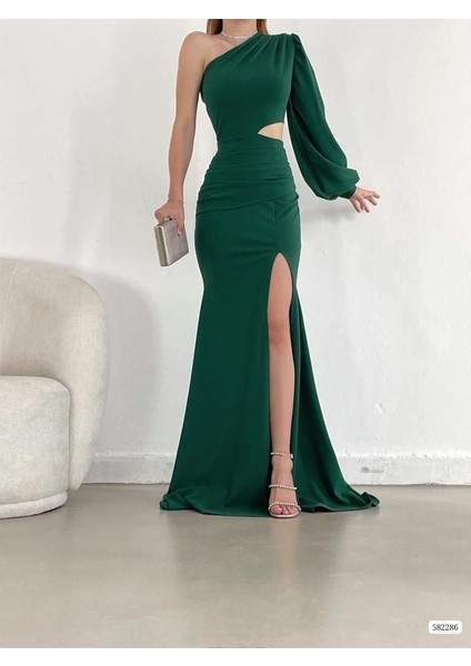 Tek Kol Derin Yırtmaçlı Krep Gece Elbisesi Abiye 582286 Zumrut