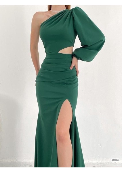 Tek Kol Derin Yırtmaçlı Krep Gece Elbisesi Abiye 582286 Zumrut modelleri