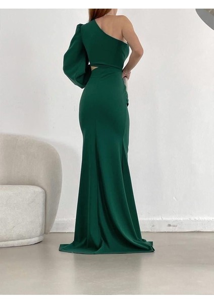 Tek Kol Derin Yırtmaçlı Krep Gece Elbisesi Abiye 582286 Zumrut fırsatları