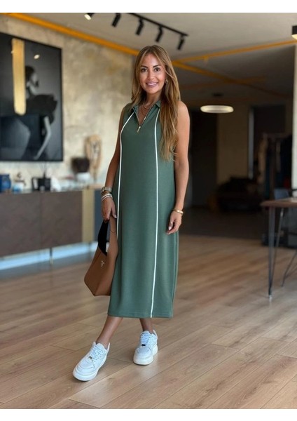 Kadın Modal Kumaş Şerit Detaylı Fermuarlı Midi Elbise indirimleri