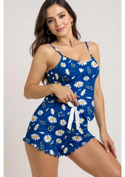 Papatya Desenli Mavi Askılı Şortlu Pijama Takımı