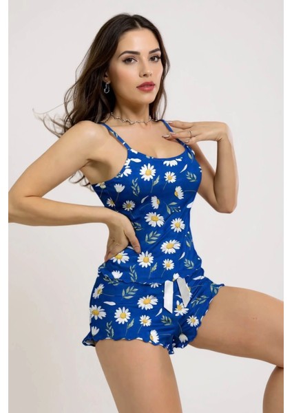 Papatya Desenli Mavi Askılı Şortlu Pijama Takımı modelleri
