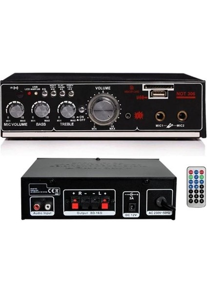 Notel NOT-306 2X20W 4-8 Ohm USB Sd Girişli Bluetoothlu 2 Mikrofon Girişli Trafosuz Amfi Stereo Mini Anfi Uzaktan Kumanda