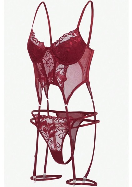 Bordo Babydoll İç Giyim Seti Bustiyer ,Külot , Bacak Bantları
