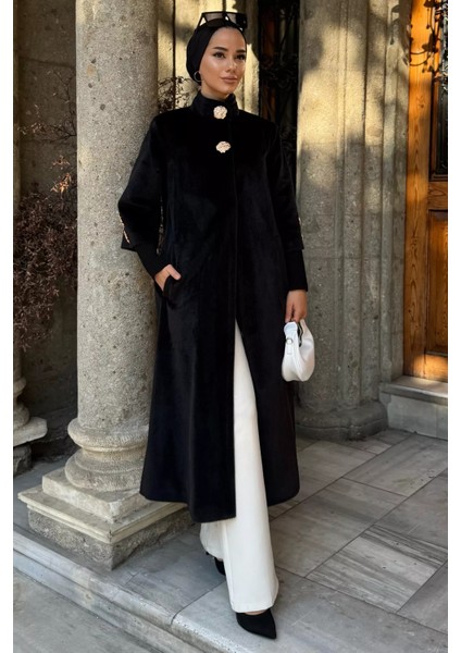 Kadın Gold Düğme Detaylı Iç Astarlı Sakallı Kaban P-00018443