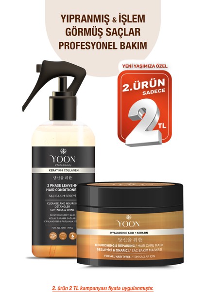 2'li Vegan Saç Bakım Spreyi & Maskesi 250ML, Hyaluronik Asit, Keratin, Kolajen ve B7 Biotinli Set