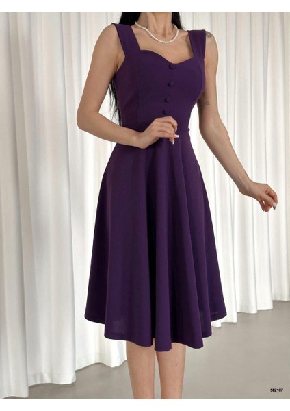 Askılı Kalp Yaka Midi Boy Krep Kumaş Abiye Elbise 582187 Mor