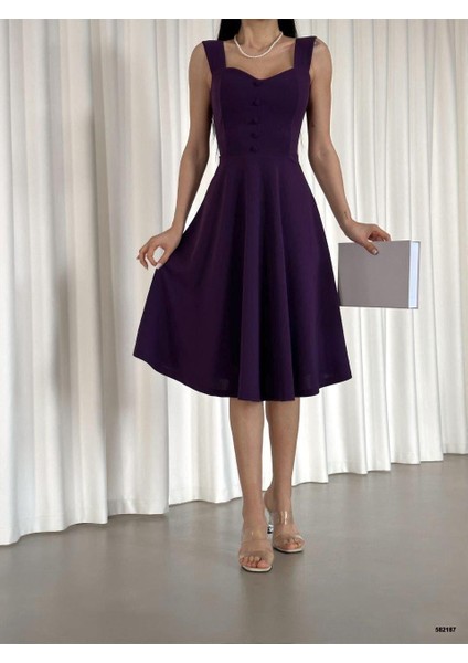 Askılı Kalp Yaka Midi Boy Krep Kumaş Abiye Elbise 582187 Mor modelleri