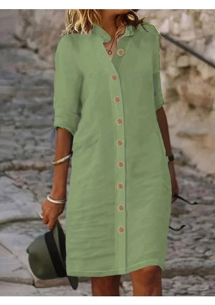 Kadın Kısa Kollu Hakim Yaka Önden Düğmeli Kısa Müslim Elbise