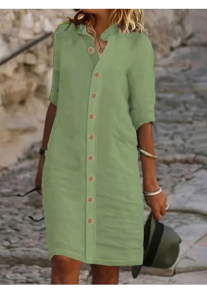 Kadın Kısa Kollu Hakim Yaka Önden Düğmeli Kısa Müslim Elbise modelleri