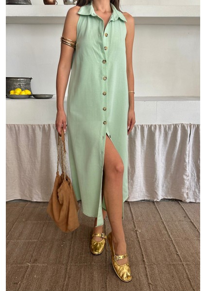 Keten Önden Düğmeli Kolsuz Gömlek Yaka Elbise - Mint fiyatları