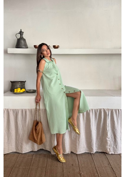 Keten Önden Düğmeli Kolsuz Gömlek Yaka Elbise - Mint modelleri