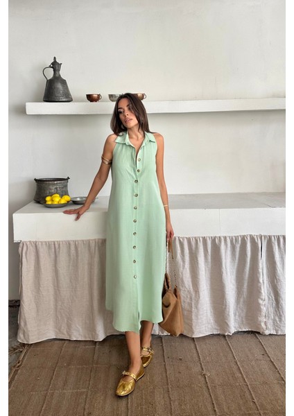 Keten Önden Düğmeli Kolsuz Gömlek Yaka Elbise - Mint fırsatları