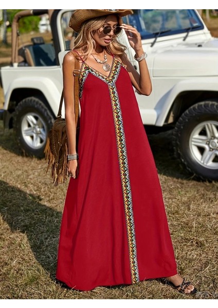 Kadın Askılı V Yakalı Etnik Şerit Detaylı Uzun Viskon Elbise fiyatları