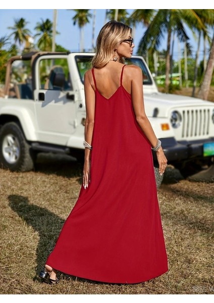 Kadın Askılı V Yakalı Etnik Şerit Detaylı Uzun Viskon Elbise modelleri